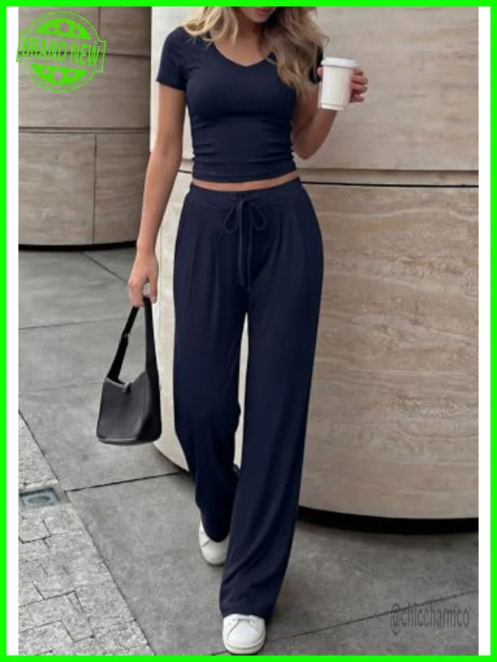 2 Piece Matching Lounge Set - V Neck Top Wide Leg Pants Travel Outfit